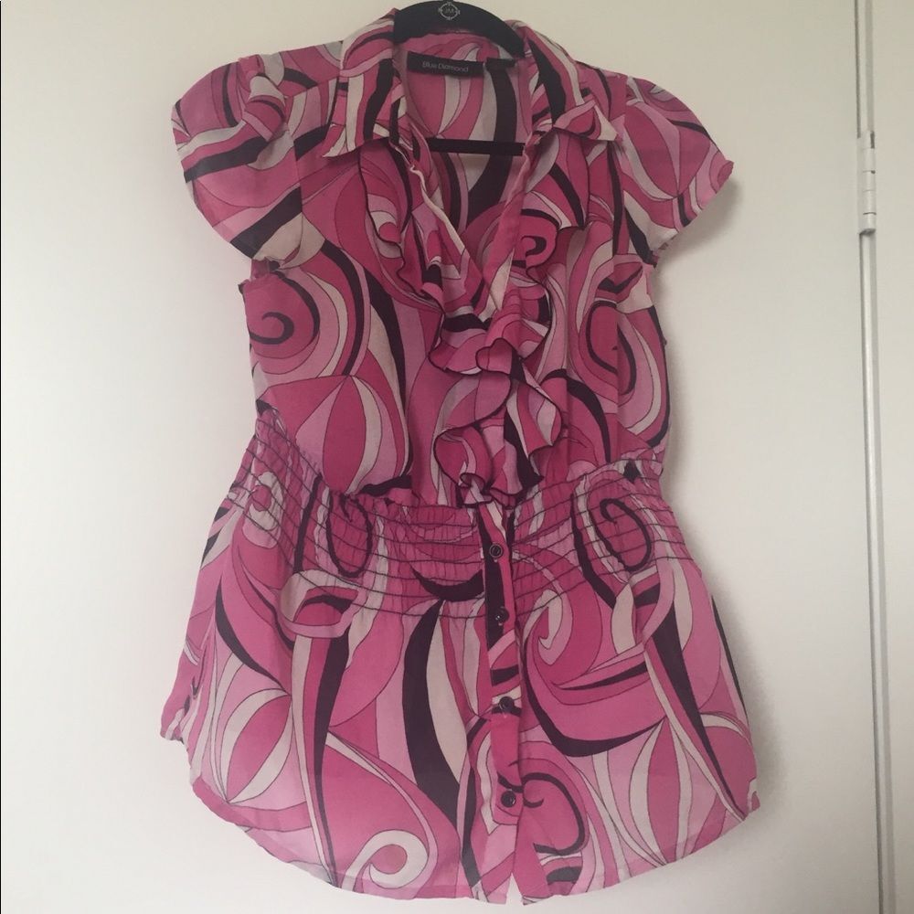 Y2K Pink Psychedelic Swirl Ruffle Blouse Cap Sleeve Smocked Waist Large FAIR